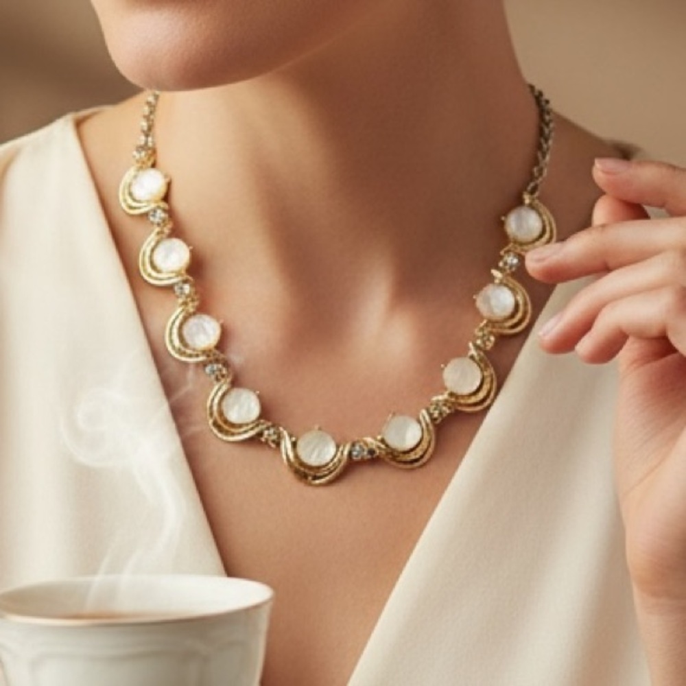 Vintage MOP Disc Cabochon Gold-Tone Necklace w/ AB Rhinestones